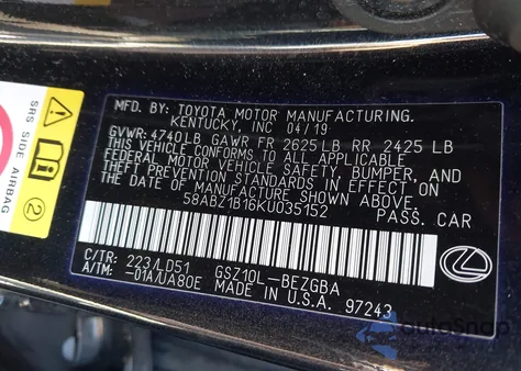2019 Lexus Es 350 from USA, damaged, VIN 58ABZ1B16KU035152